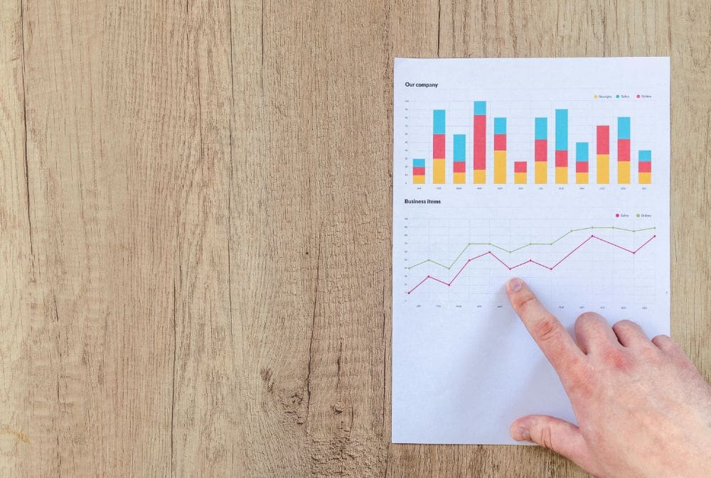 A person analyzing a printed bar and line graph on a wooden table.